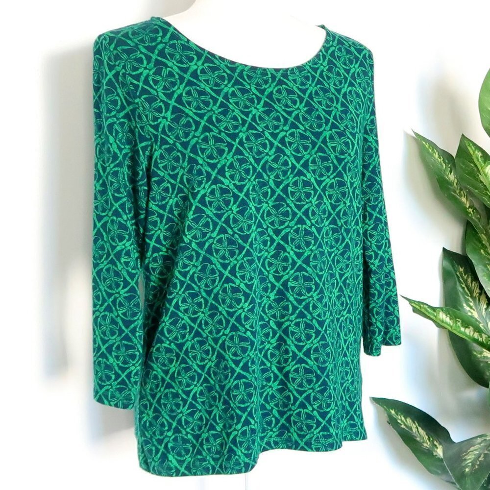 Pendleton Green Cotton Modal Print Scoop Neck 3/4 Sleeve Top Size Large L
